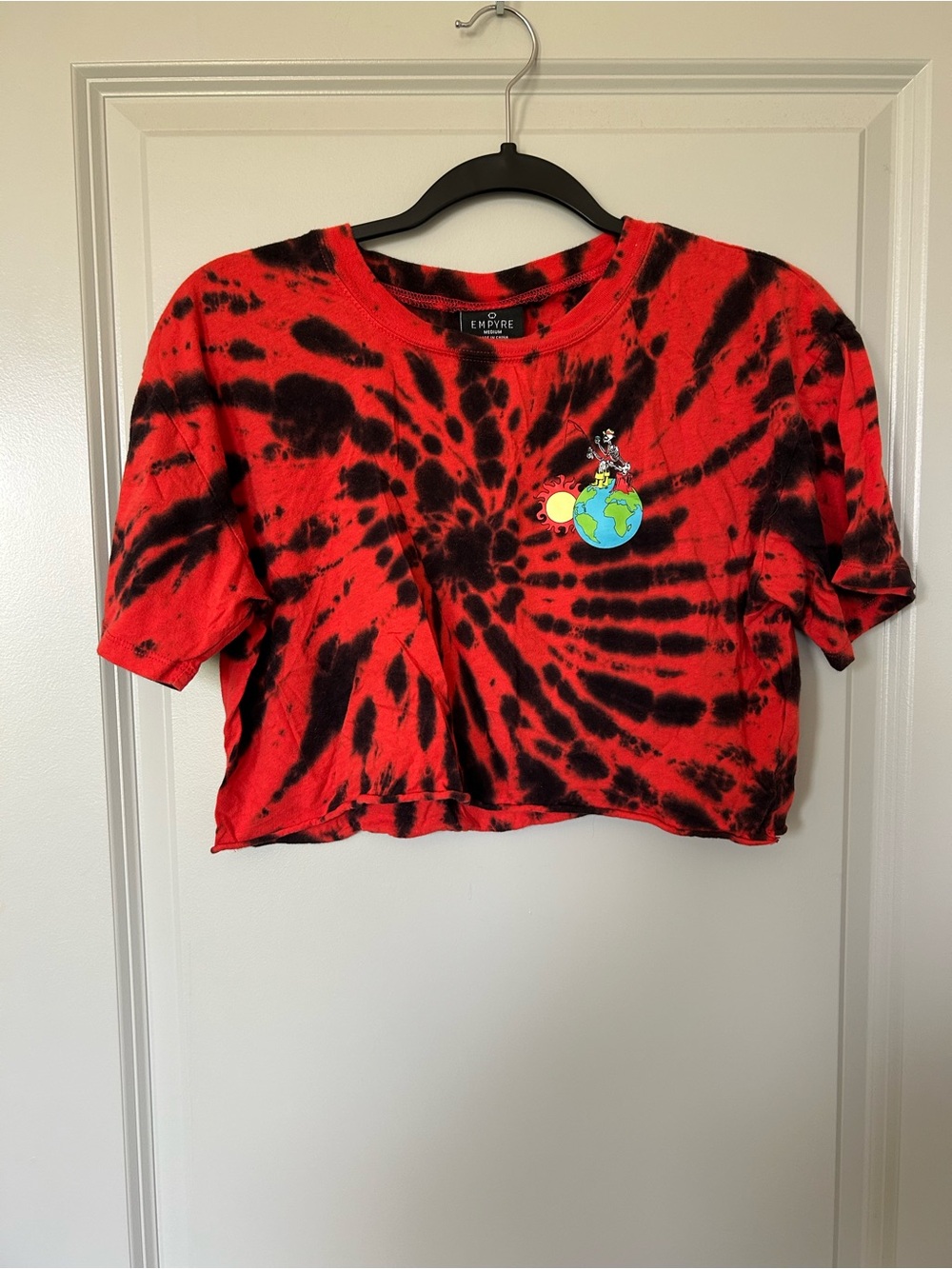 Empyre Red & Black Tie-Dye Crop Tee with Globe Patch